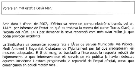 Extracte de l'informe del S&iacute;ndic municipal de Greuges de Gav&agrave; en el que s'hi inclou una queixa pel mal estat del carrer Torres Clav&eacute; de Gav&agrave; Mar